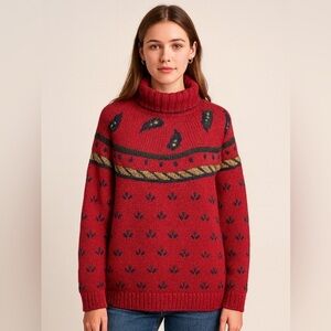 Vintage J.G. Hook Handknit Wool Sweater Red Nordic Turtleneck L